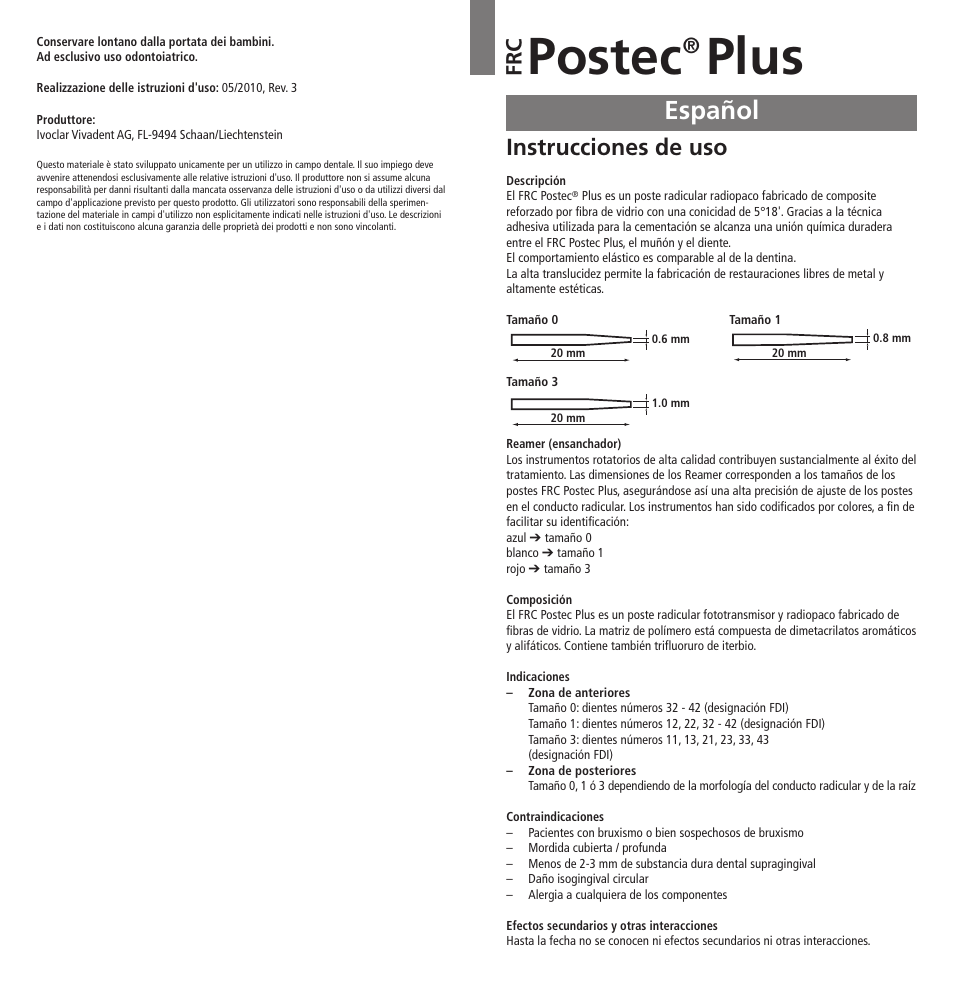 Español, Postec, Plus | Instrucciones de uso, Fr c | Ivoclar Vivadent FRC Postec Plus User Manual | Page 9 / 32