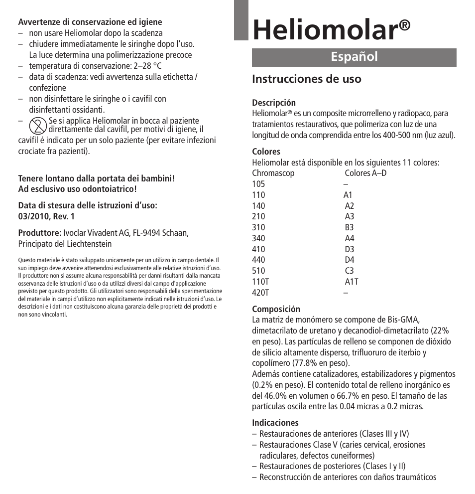 Español, Heliomolar, Instrucciones de uso | Ivoclar Vivadent Heliomolar User Manual | Page 11 / 35