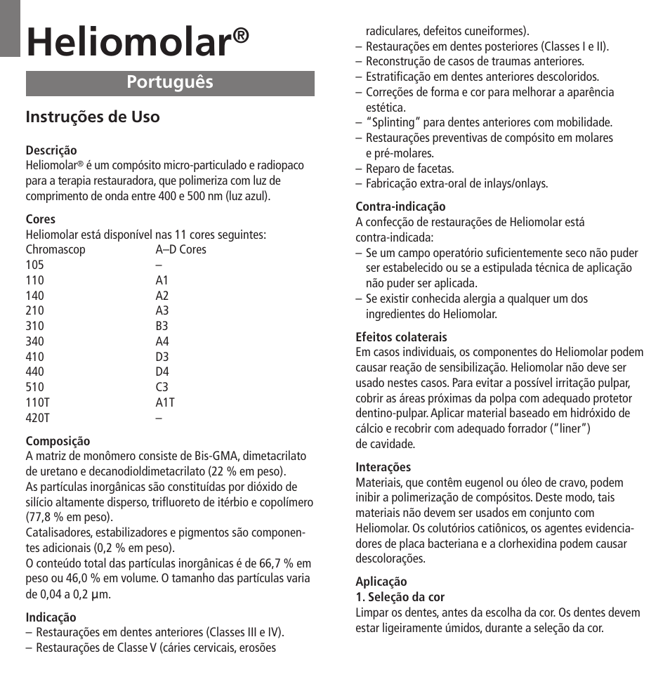 Português, Heliomolar, Instruções de uso | Ivoclar Vivadent Heliomolar User Manual | Page 14 / 35