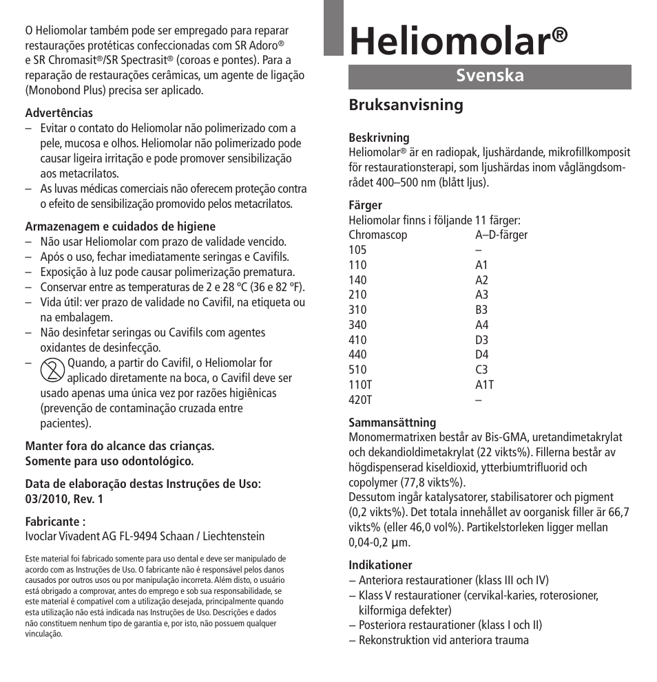 Svenska, Heliomolar, Bruksanvisning | Ivoclar Vivadent Heliomolar User Manual | Page 16 / 35