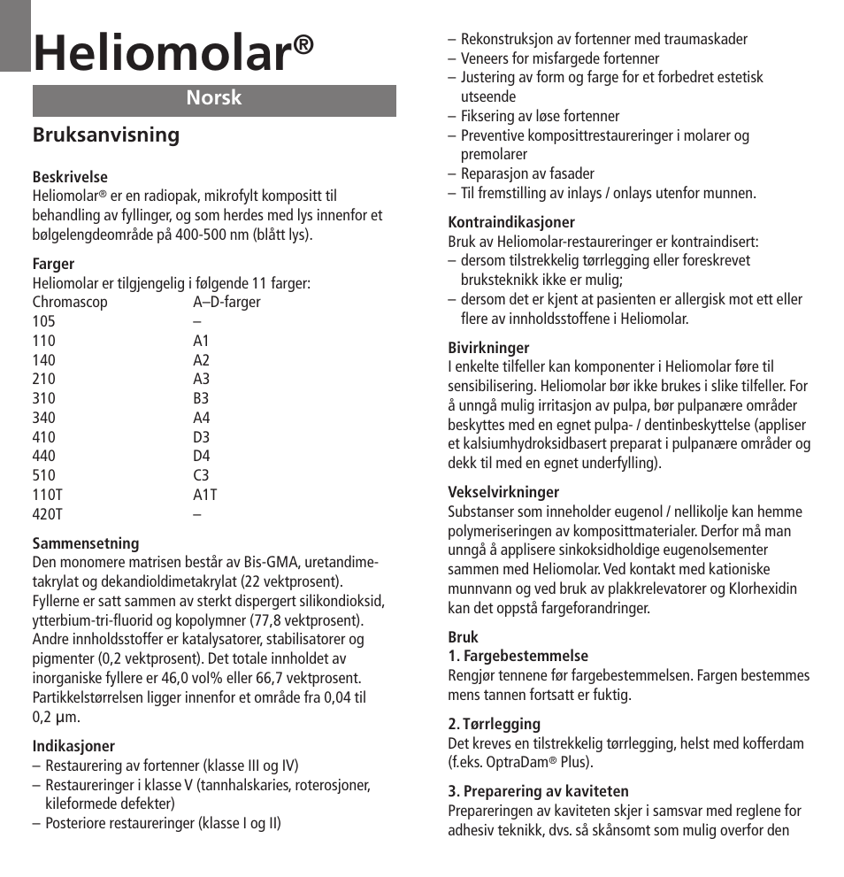 Norsk, Heliomolar, Bruksanvisning | Ivoclar Vivadent Heliomolar User Manual | Page 24 / 35