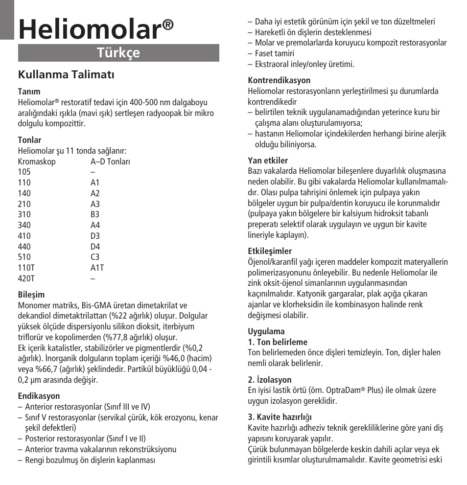 Türkçe, Heliomolar, Kullanma talimatı | Ivoclar Vivadent Heliomolar User Manual | Page 32 / 35