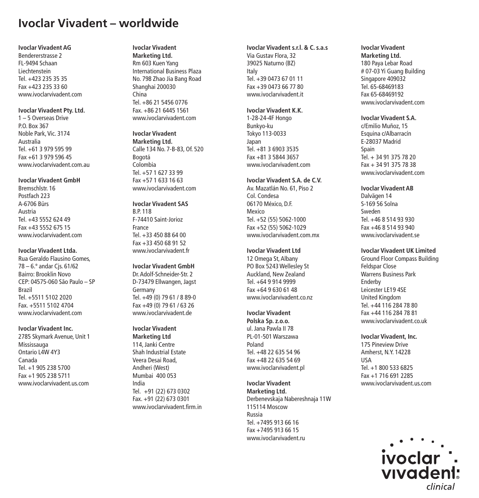 Ivoclar vivadent – worldwide | Ivoclar Vivadent Heliomolar User Manual | Page 35 / 35