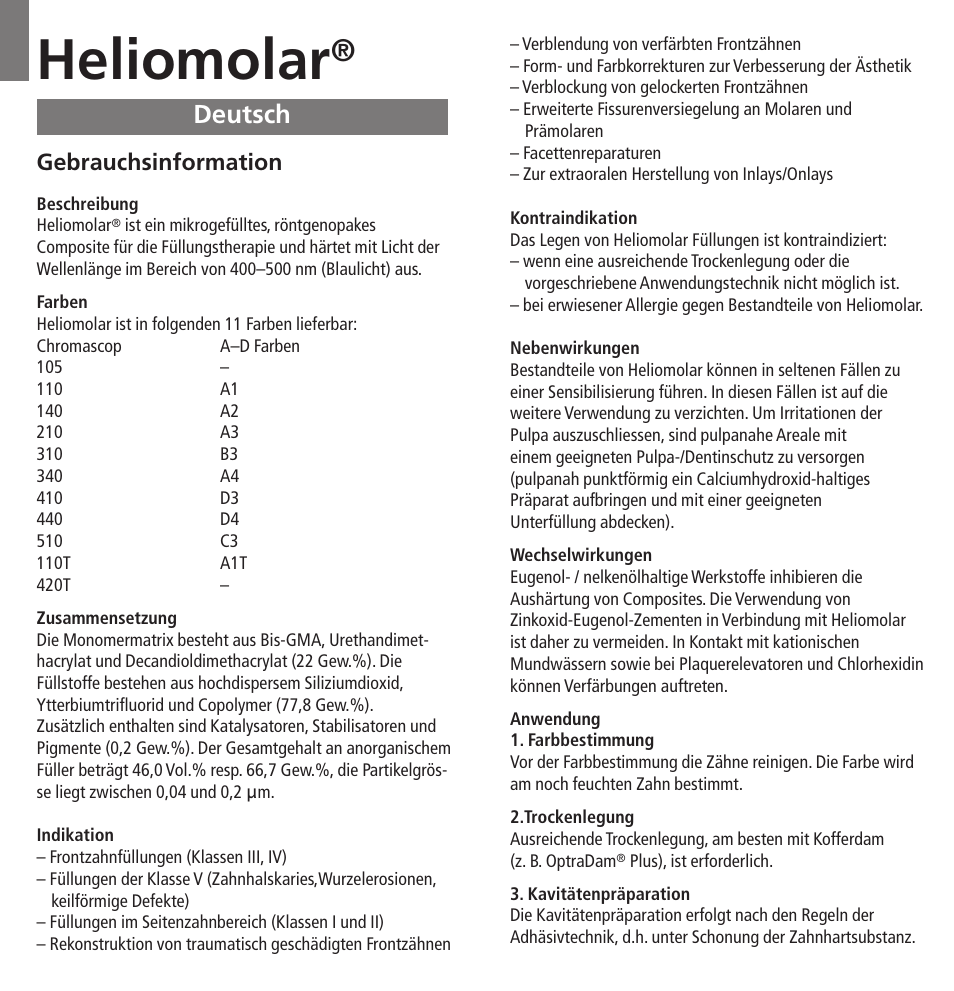 Deutsch, Heliomolar, Gebrauchsinformation | Ivoclar Vivadent Heliomolar User Manual | Page 4 / 35