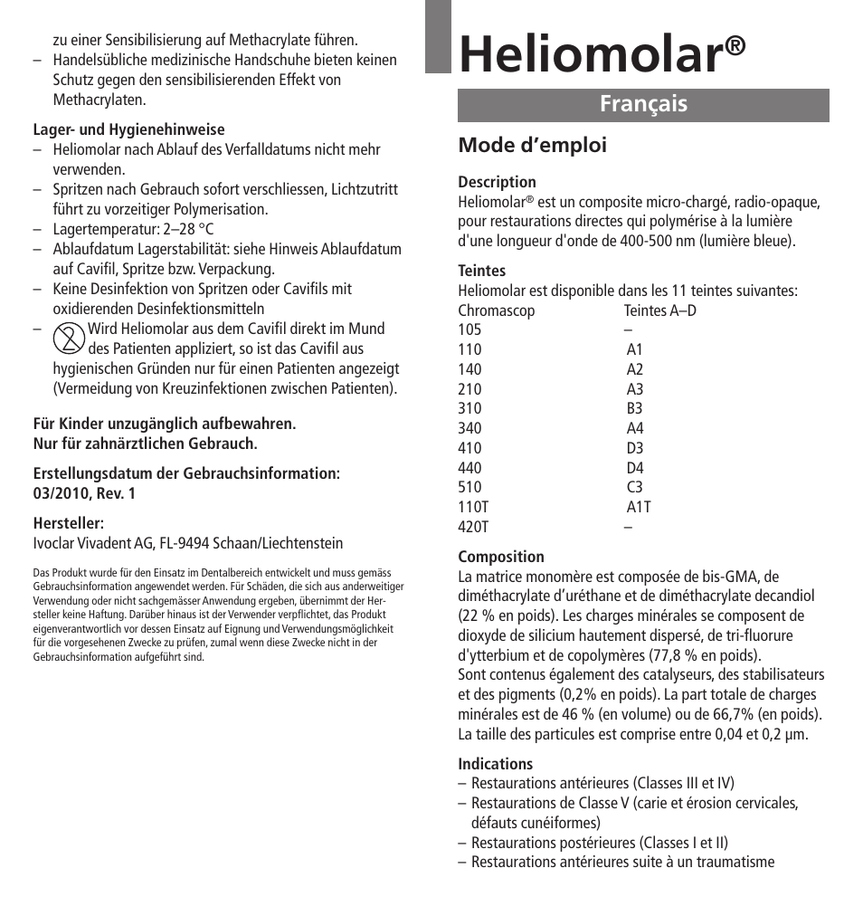 Français, Heliomolar, Mode d’emploi | Ivoclar Vivadent Heliomolar User Manual | Page 6 / 35