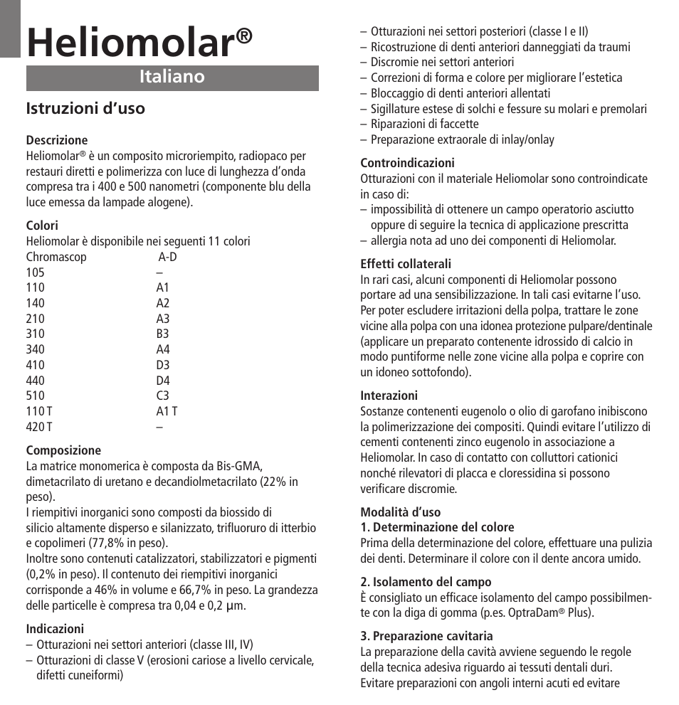 Italiano, Heliomolar, Istruzioni d’uso | Ivoclar Vivadent Heliomolar User Manual | Page 9 / 35