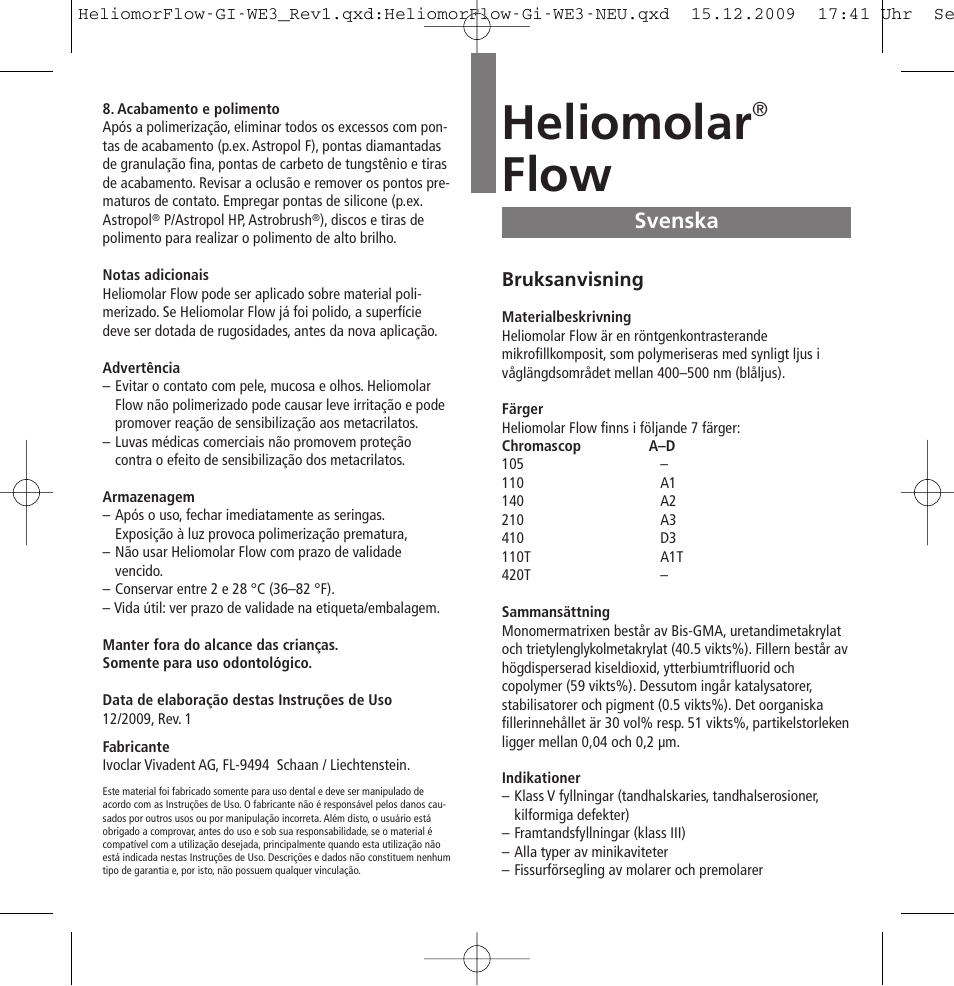 Svenska, Heliomolar, Flow | Ivoclar Vivadent Heliomolar Flow User Manual | Page 15 / 28