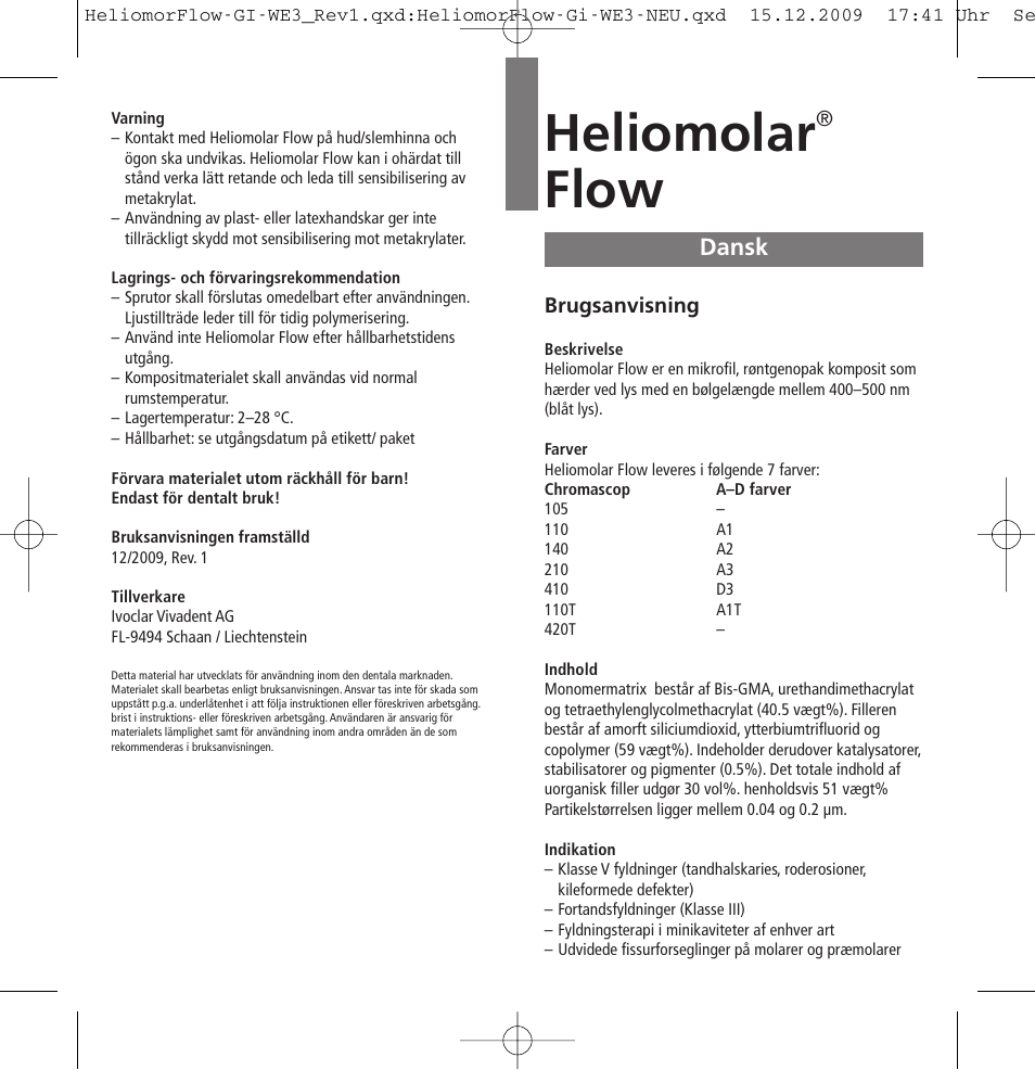Dansk, Heliomolar, Flow | Ivoclar Vivadent Heliomolar Flow User Manual | Page 17 / 28
