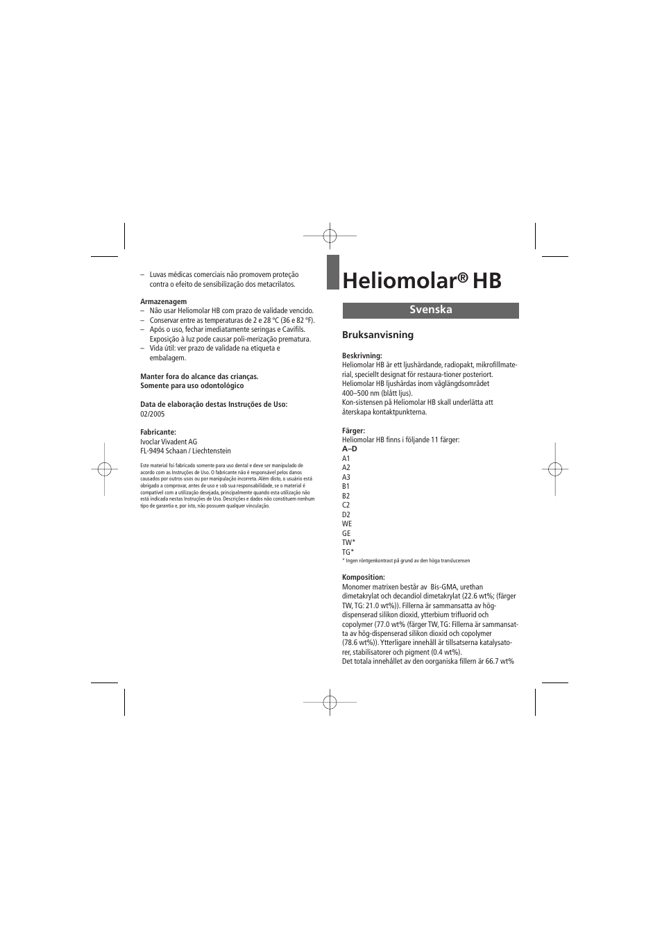 Svenska, Heliomolar | Ivoclar Vivadent Heliomolar HB User Manual | Page 16 / 32