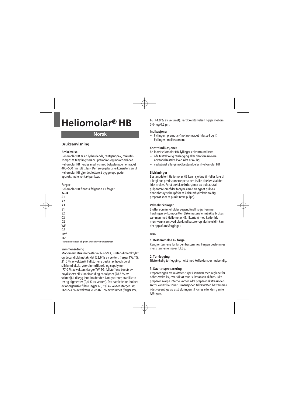 Norsk, Heliomolar | Ivoclar Vivadent Heliomolar HB User Manual | Page 24 / 32