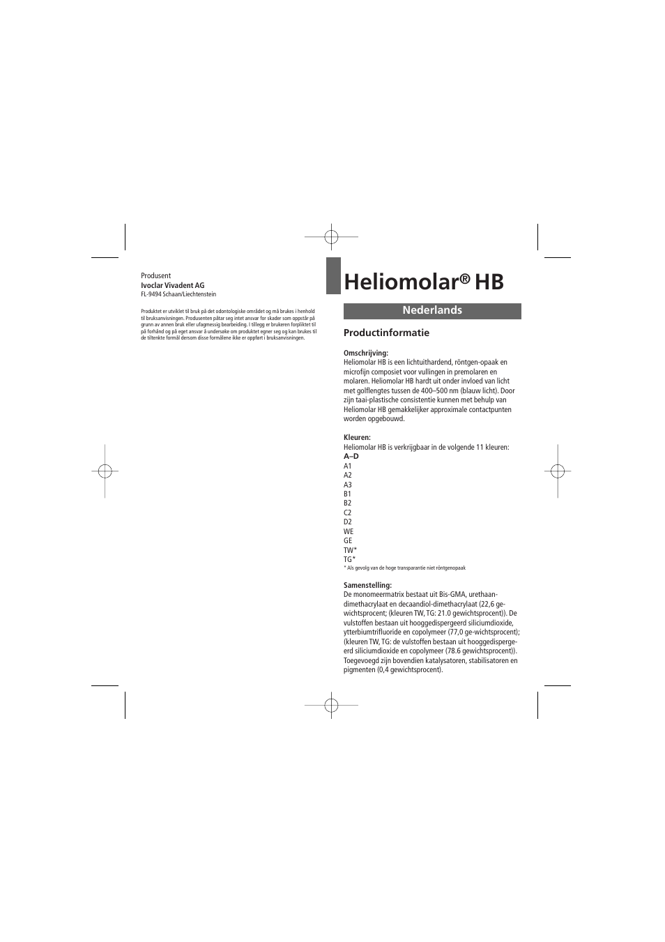 Nederlands, Heliomolar | Ivoclar Vivadent Heliomolar HB User Manual | Page 26 / 32