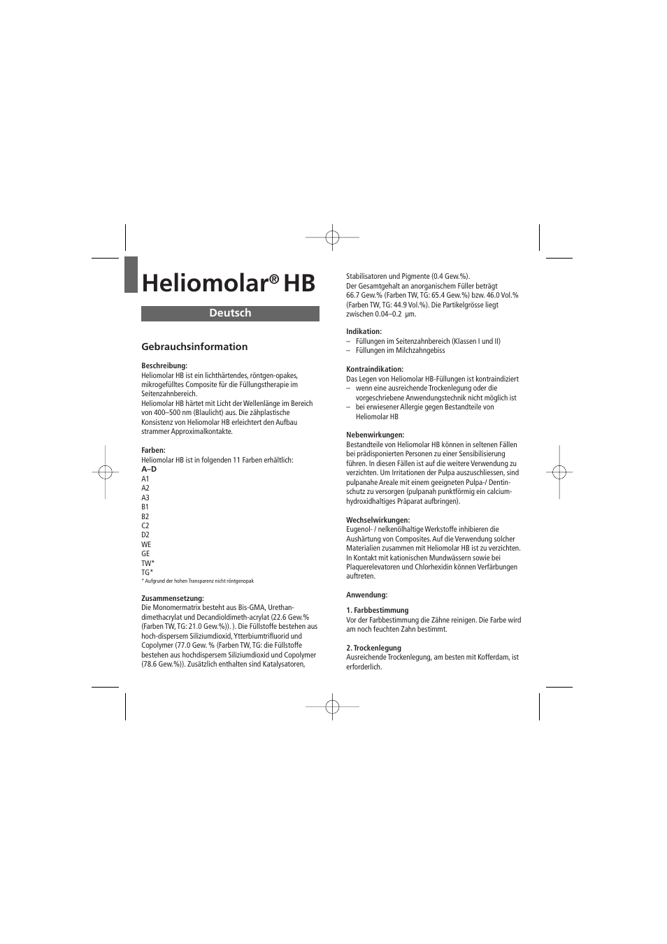 Deutsch, Heliomolar | Ivoclar Vivadent Heliomolar HB User Manual | Page 4 / 32