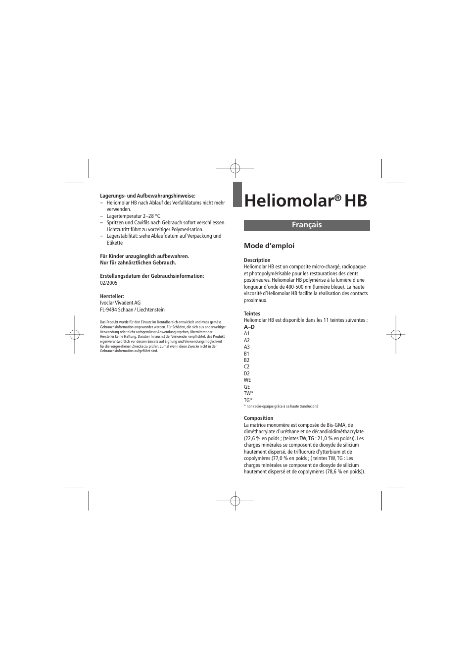 Français, Heliomolar | Ivoclar Vivadent Heliomolar HB User Manual | Page 6 / 32