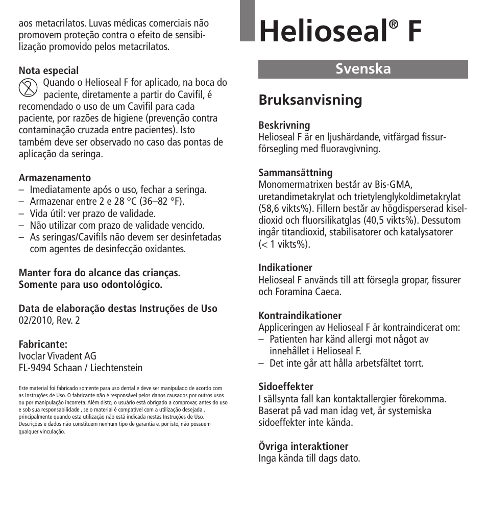Svenska, Helioseal, Bruksanvisning | Ivoclar Vivadent Helioseal F User Manual | Page 10 / 25