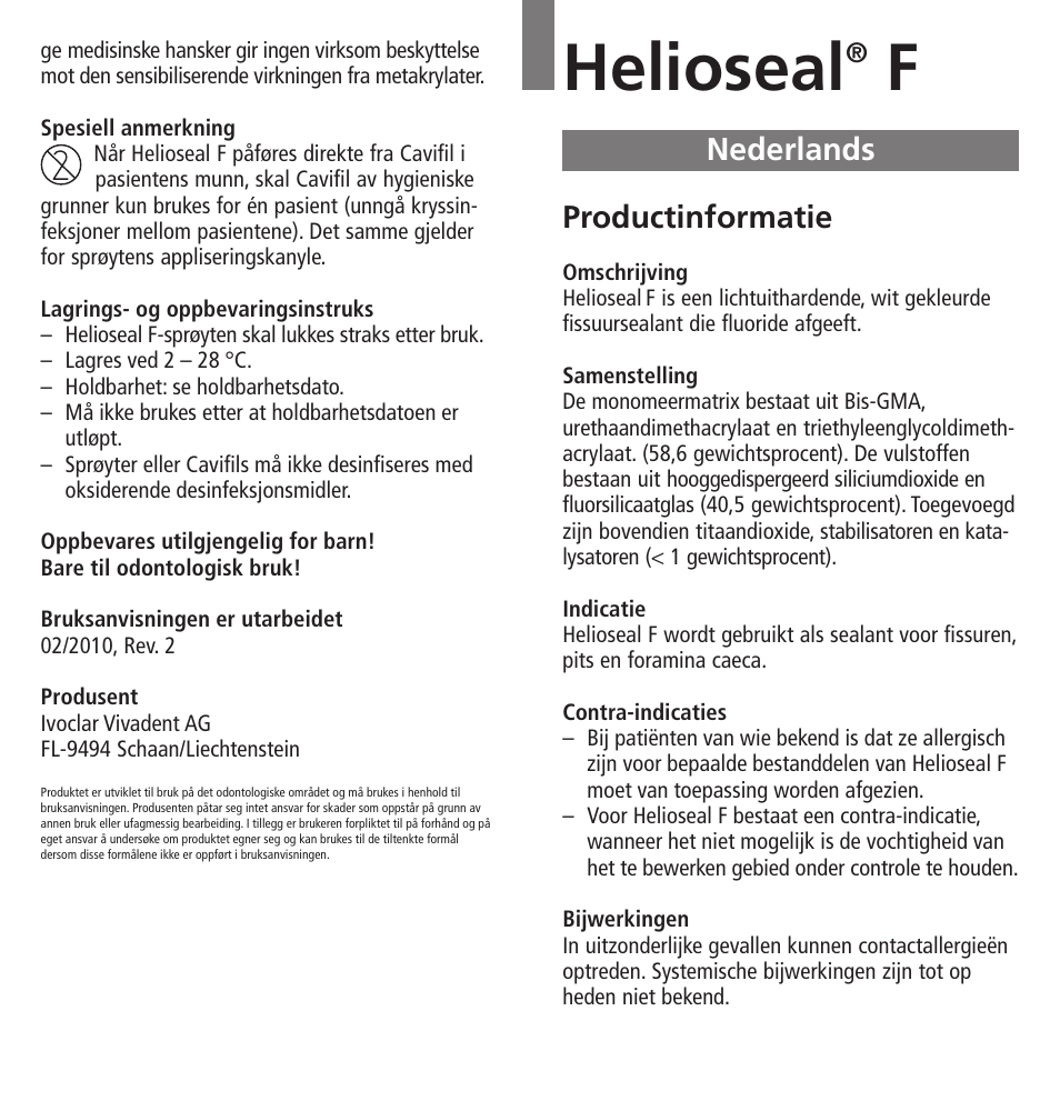 Nederlands, Helioseal, Productinformatie | Ivoclar Vivadent Helioseal F User Manual | Page 16 / 25