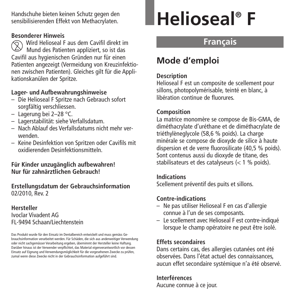 Français, Helioseal, Mode d’emploi | Ivoclar Vivadent Helioseal F User Manual | Page 4 / 25