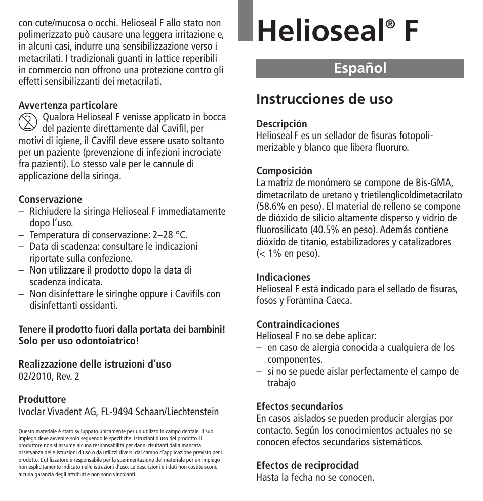Español, Helioseal, Instrucciones de uso | Ivoclar Vivadent Helioseal F User Manual | Page 7 / 25