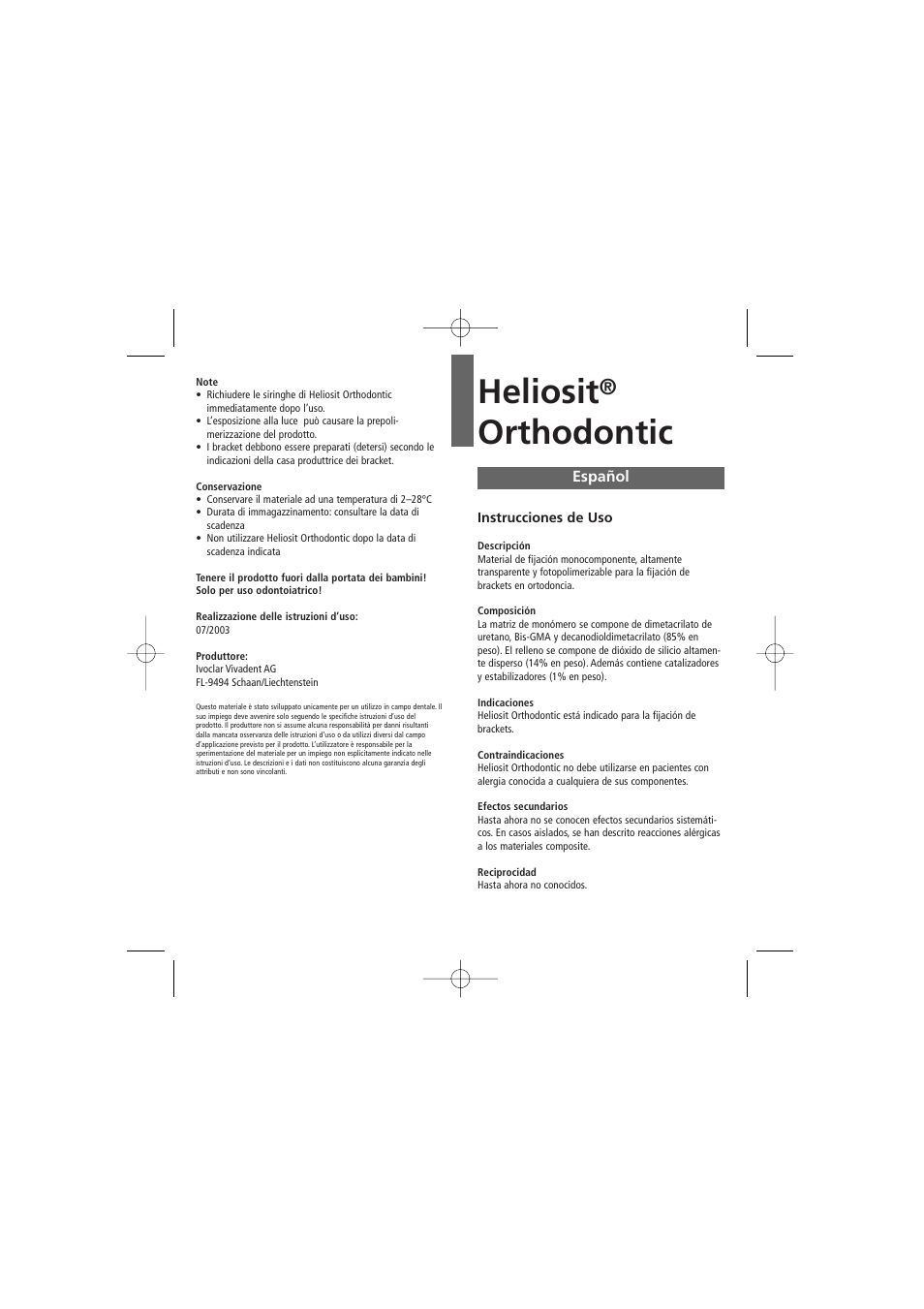 Español, Heliosit, Orthodontic | Ivoclar Vivadent Heliosit Orthodontic User Manual | Page 7 / 20