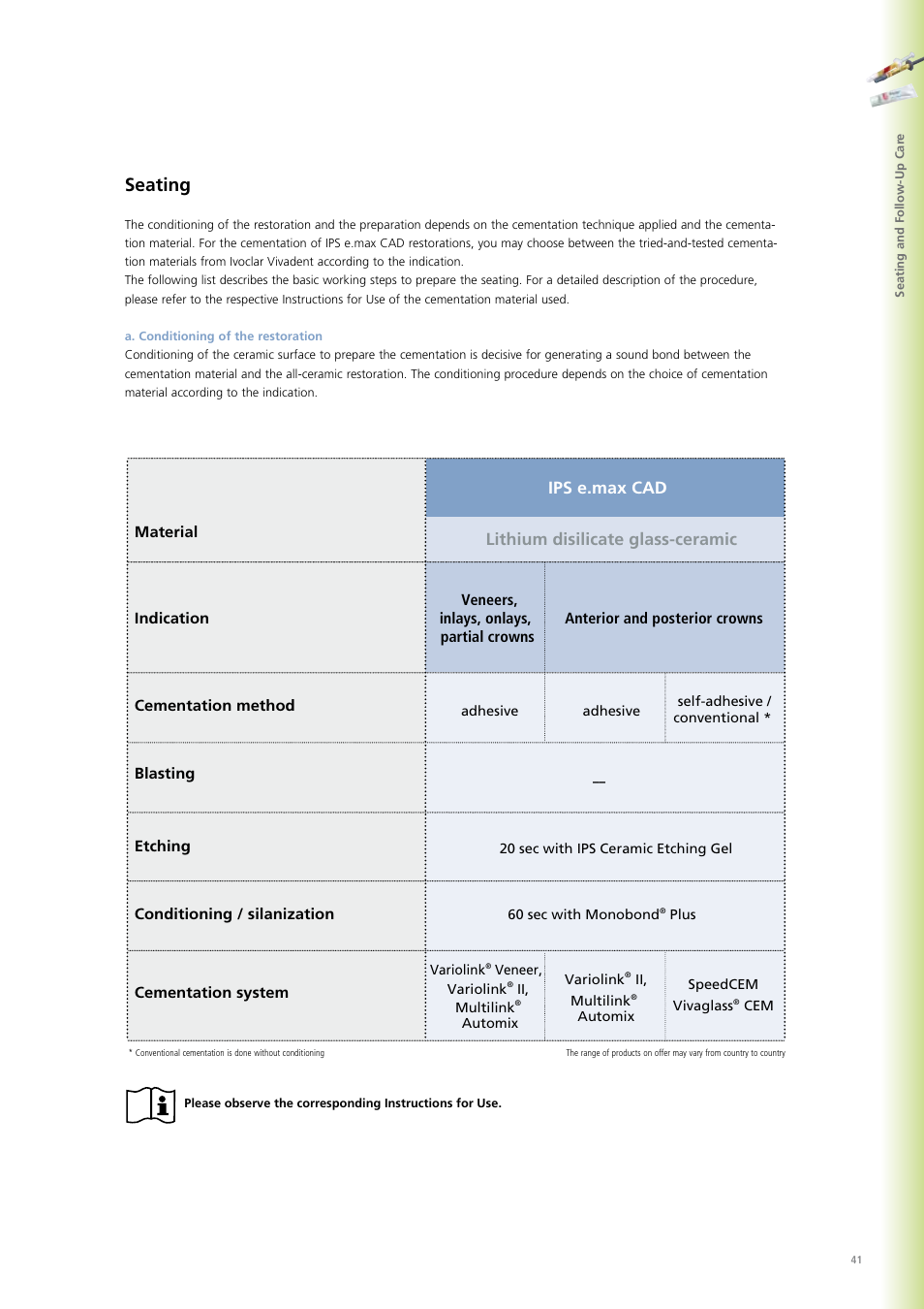 Seating | Ivoclar Vivadent IPS e.max CAD Chairside User Manual | Page 41 / 52