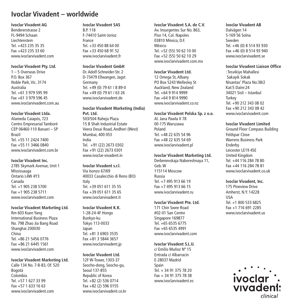Ivoclar vivadent – worldwide | Ivoclar Vivadent Ivoclean User Manual | Page 17 / 17