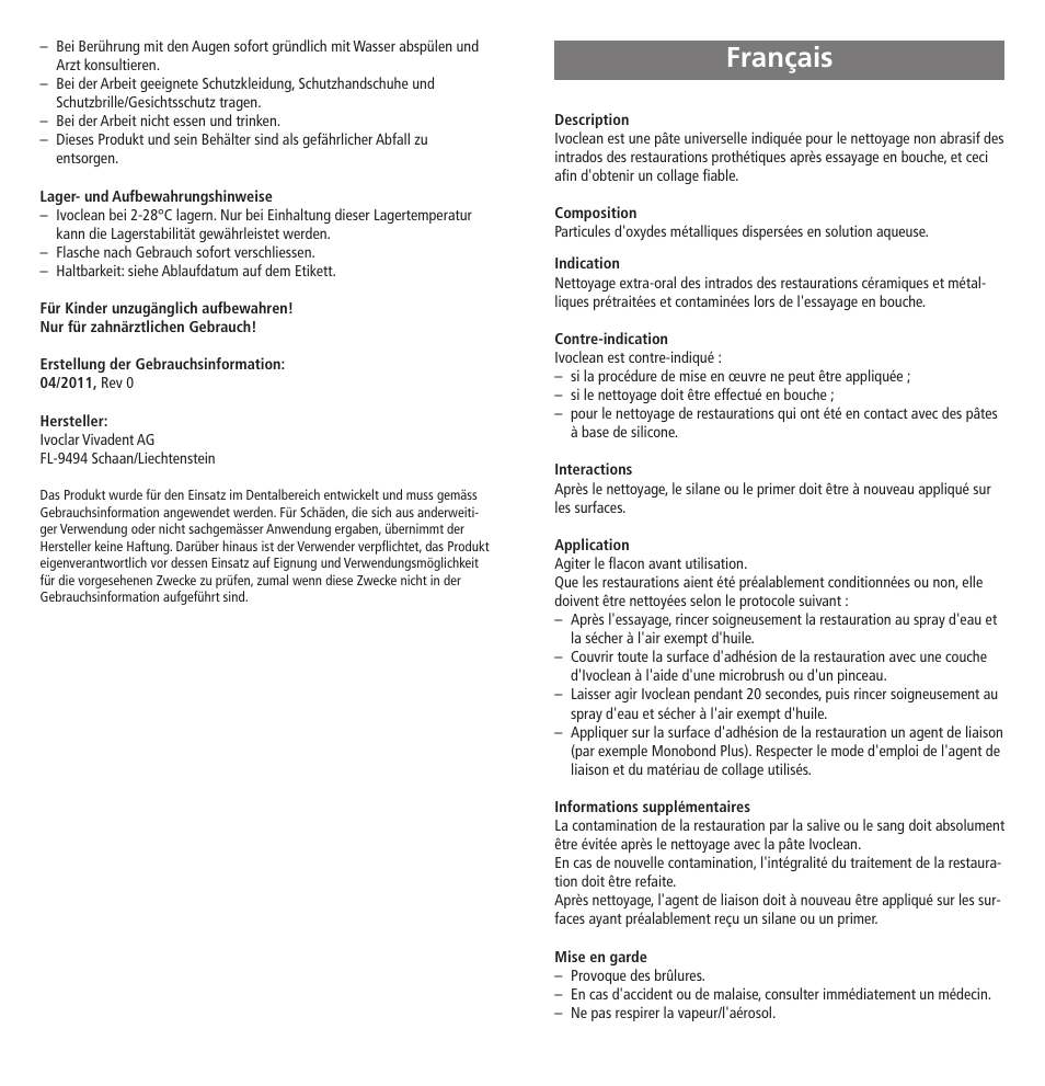 Français | Ivoclar Vivadent Ivoclean User Manual | Page 3 / 17