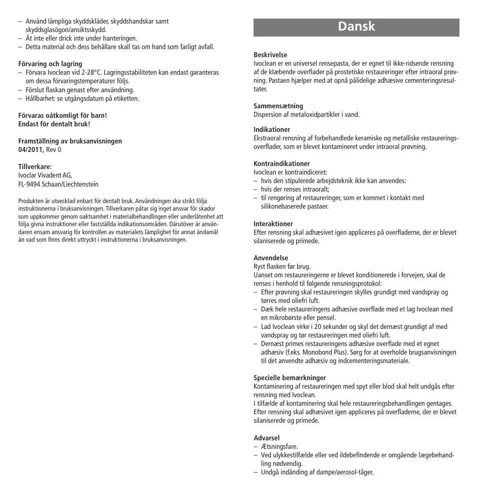 Dansk | Ivoclar Vivadent Ivoclean User Manual | Page 8 / 17