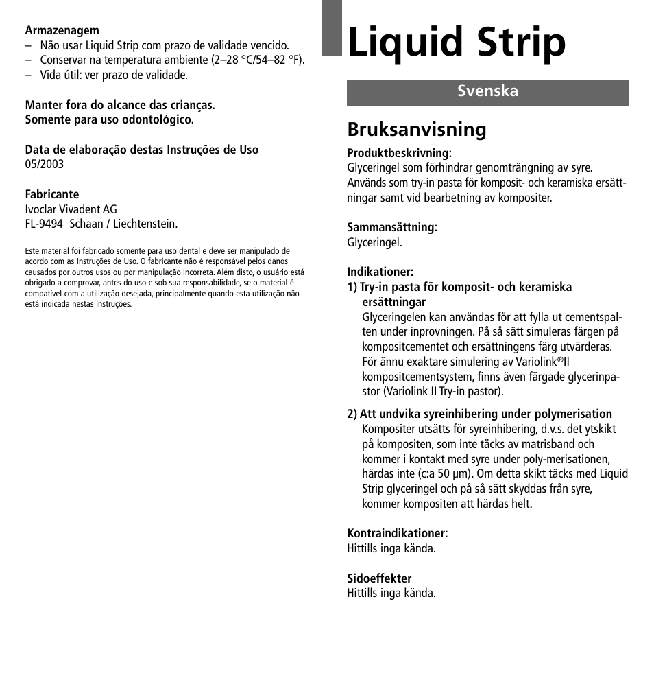 Svenska, Liquid strip, Bruksanvisning | Ivoclar Vivadent Liquid Strip User Manual | Page 10 / 20