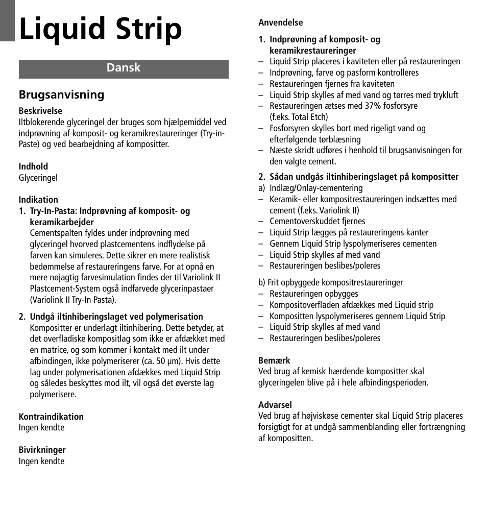 Dansk, Liquid strip | Ivoclar Vivadent Liquid Strip User Manual | Page 12 / 20