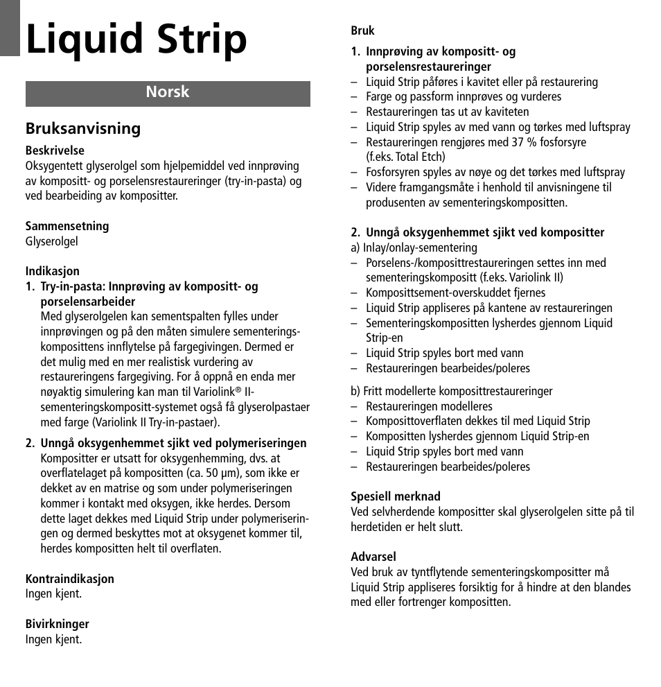 Norsk, Liquid strip, Bruksanvisning | Ivoclar Vivadent Liquid Strip User Manual | Page 15 / 20