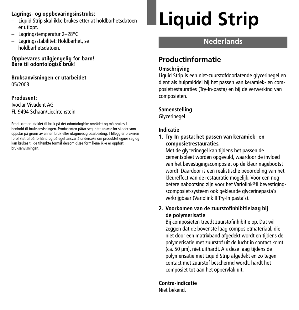 Nederlands, Liquid strip | Ivoclar Vivadent Liquid Strip User Manual | Page 16 / 20