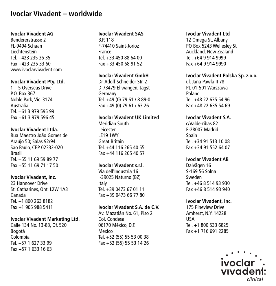 Ivoclar vivadent – worldwide | Ivoclar Vivadent Liquid Strip User Manual | Page 20 / 20