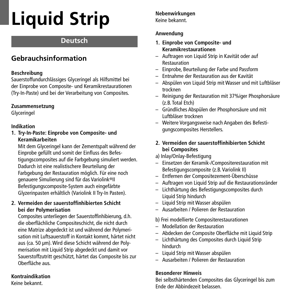 Deutsch, Liquid strip, Gebrauchsinformation | Ivoclar Vivadent Liquid Strip User Manual | Page 3 / 20