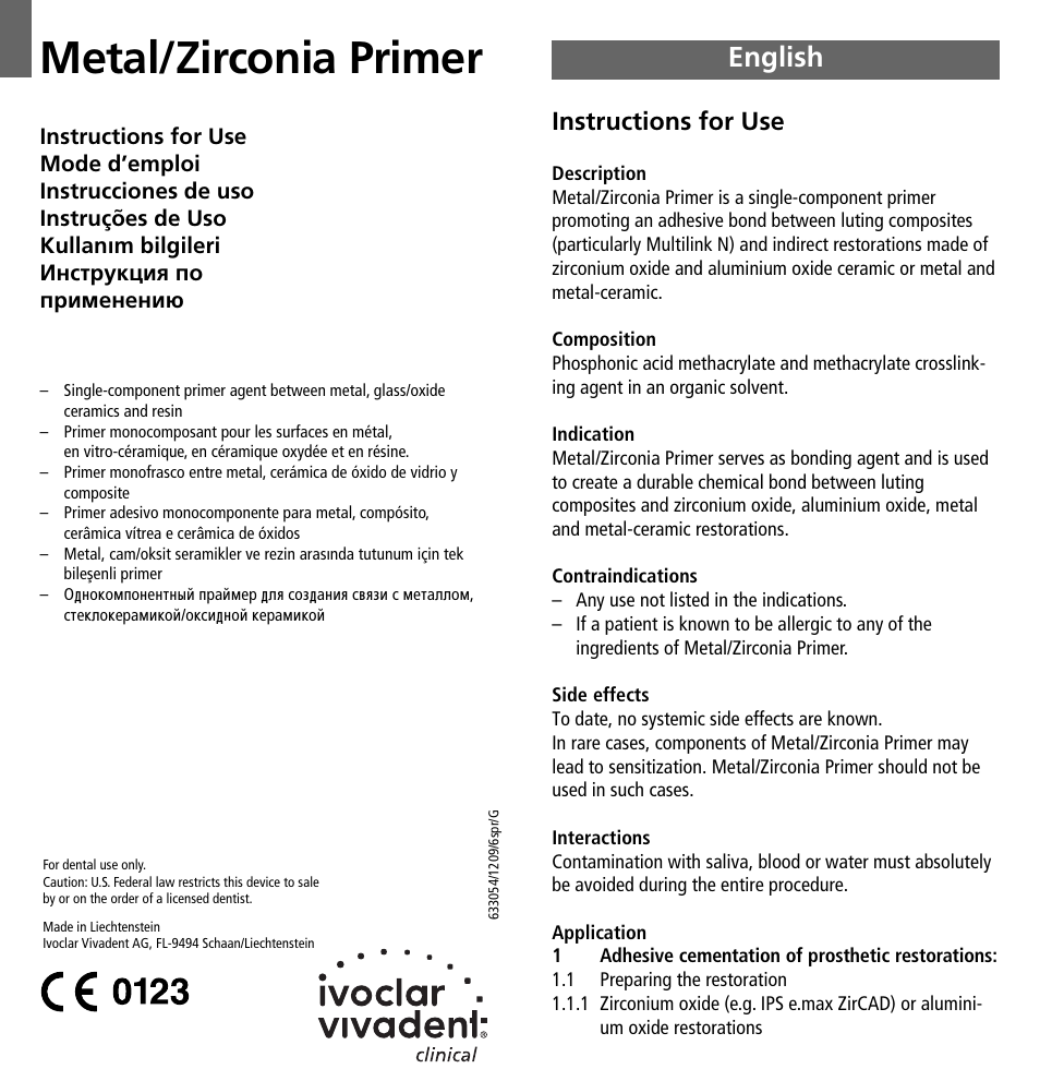 Ivoclar Vivadent Metal-Zirconia Primer User Manual | 12 pages