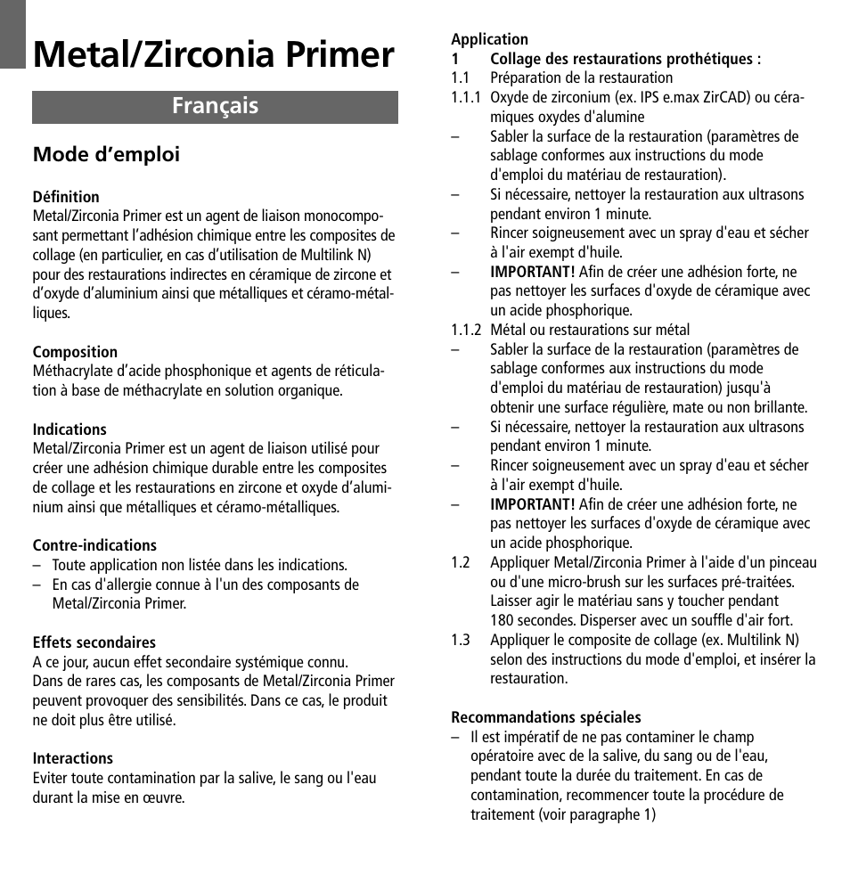 Français, Metal/zirconia primer, Mode d’emploi | Ivoclar Vivadent Metal-Zirconia Primer User Manual | Page 3 / 12