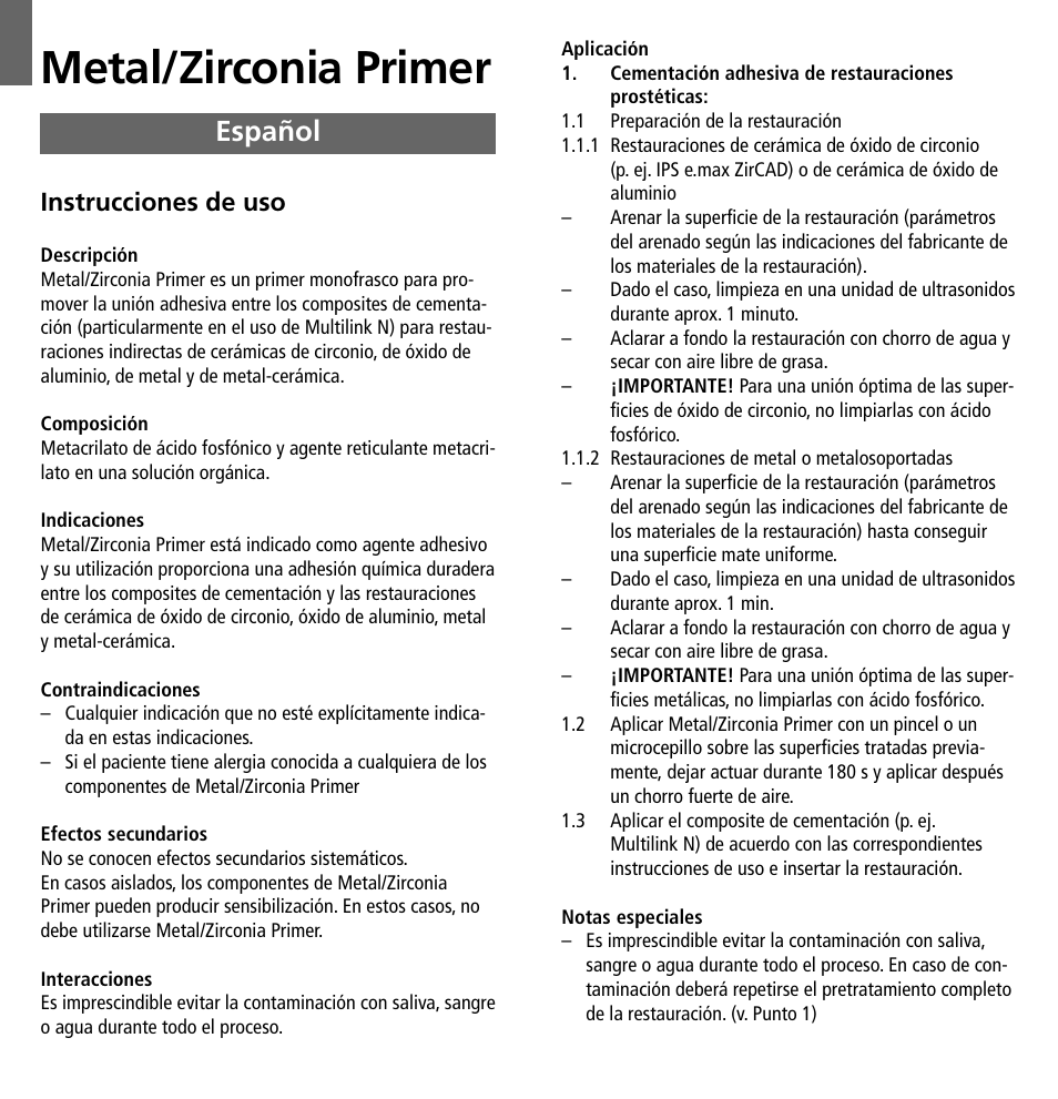 Español, Metal/zirconia primer, Instrucciones de uso | Ivoclar Vivadent Metal-Zirconia Primer User Manual | Page 5 / 12