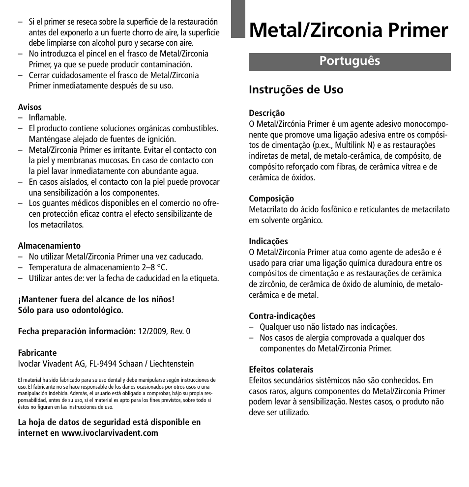 Português, Metal/zirconia primer, Instruções de uso | Ivoclar Vivadent Metal-Zirconia Primer User Manual | Page 6 / 12