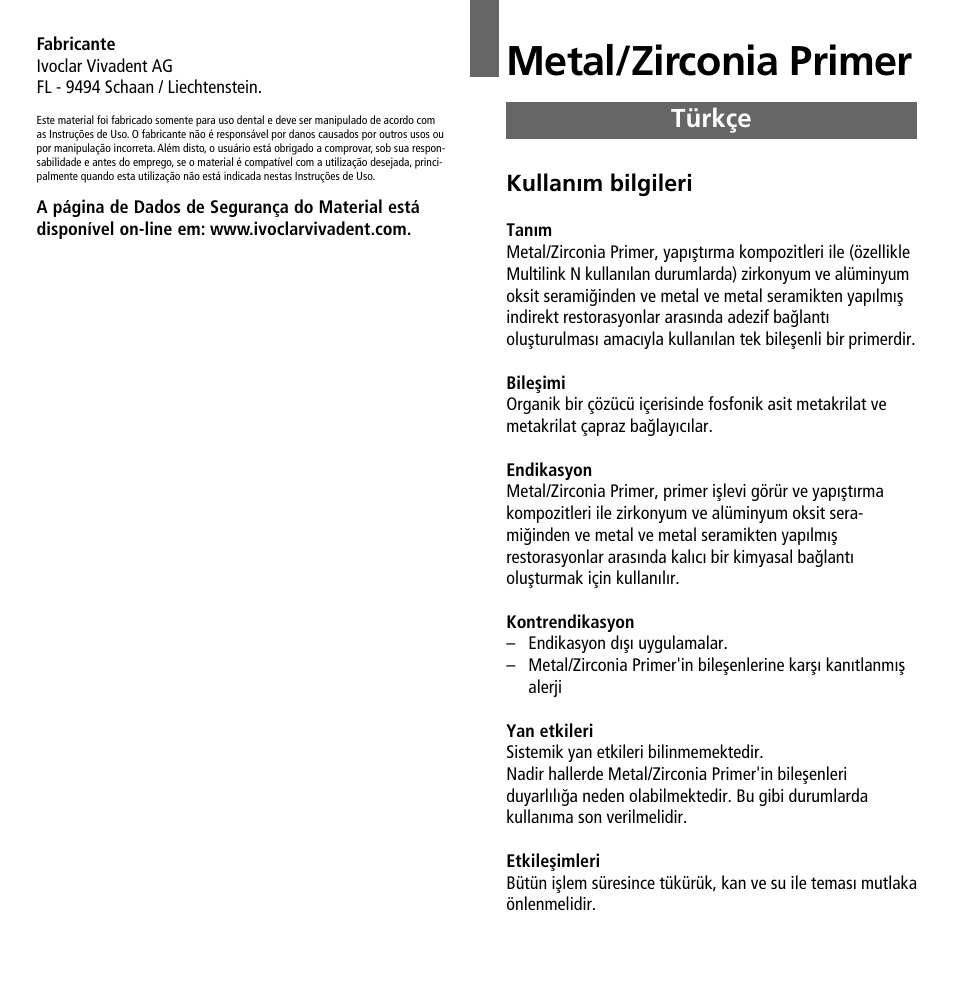 Türkçe, Metal/zirconia primer | Ivoclar Vivadent Metal-Zirconia Primer User Manual | Page 8 / 12