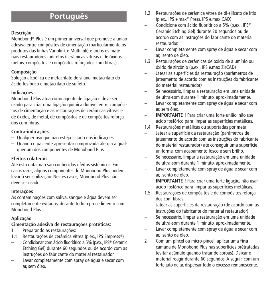 Português | Ivoclar Vivadent Monobond Plus User Manual | Page 10 / 27