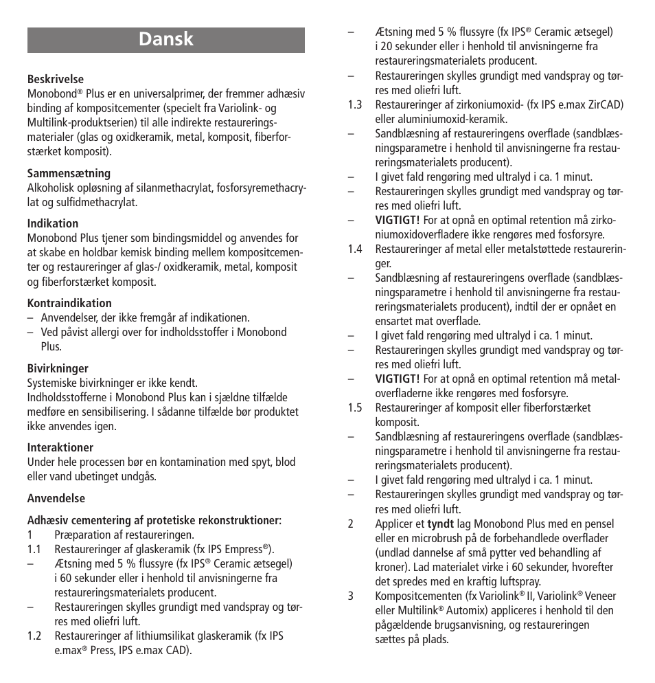 Dansk | Ivoclar Vivadent Monobond Plus User Manual | Page 13 / 27