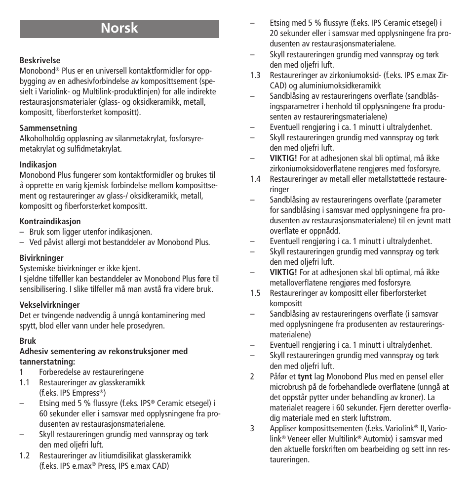 Norsk | Ivoclar Vivadent Monobond Plus User Manual | Page 16 / 27