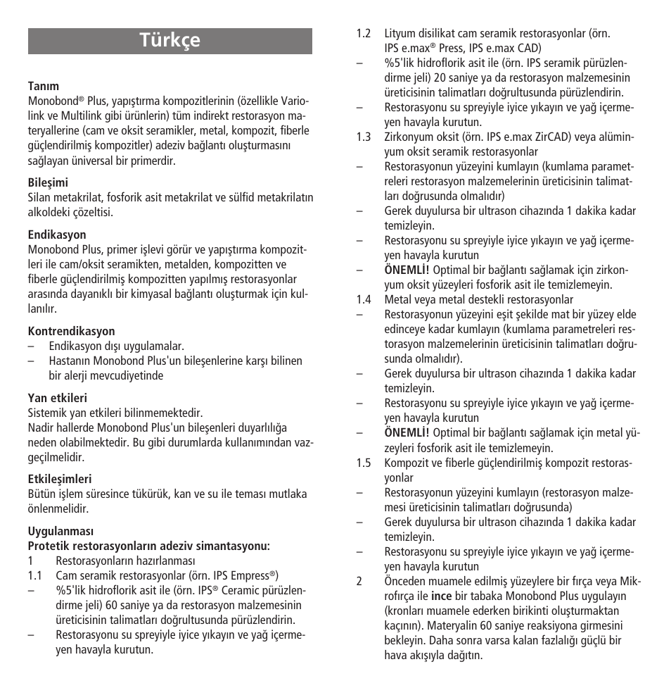 Türkçe | Ivoclar Vivadent Monobond Plus User Manual | Page 21 / 27