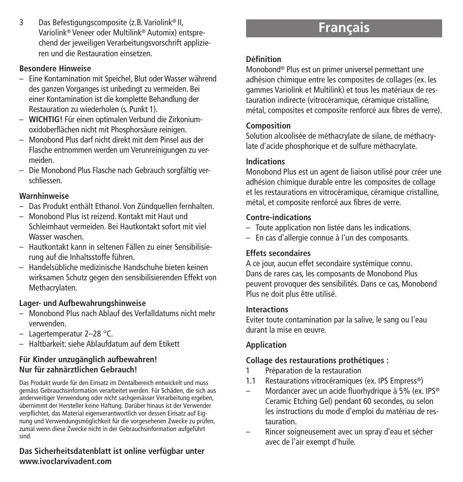 Français | Ivoclar Vivadent Monobond Plus User Manual | Page 4 / 27