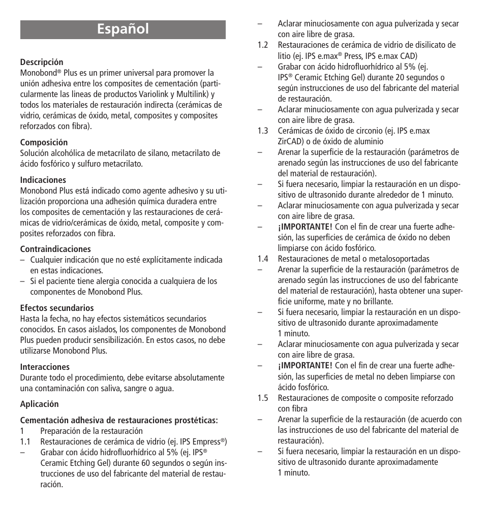 Español | Ivoclar Vivadent Monobond Plus User Manual | Page 8 / 27