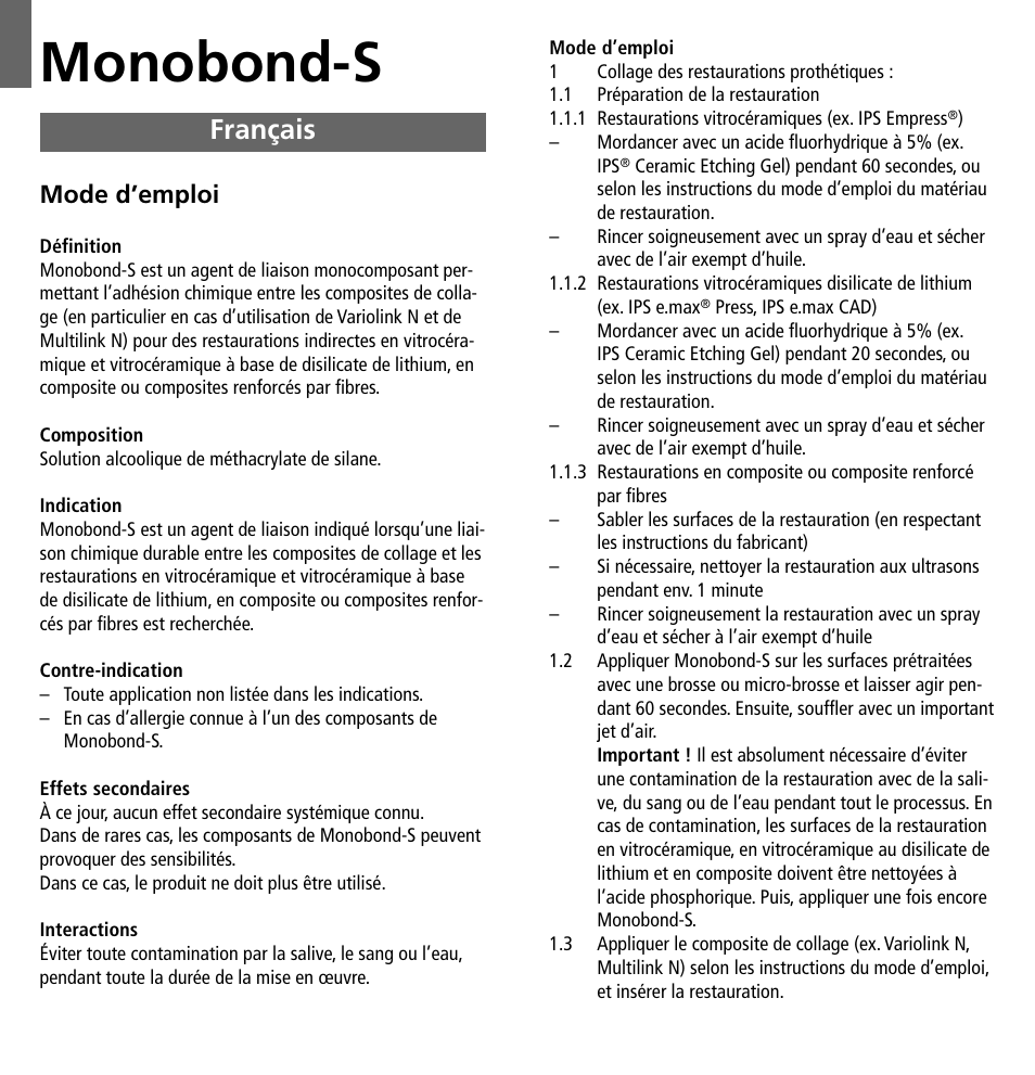 Français, Monobond-s, Mode d’emploi | Ivoclar Vivadent Monobond-S User Manual | Page 3 / 13