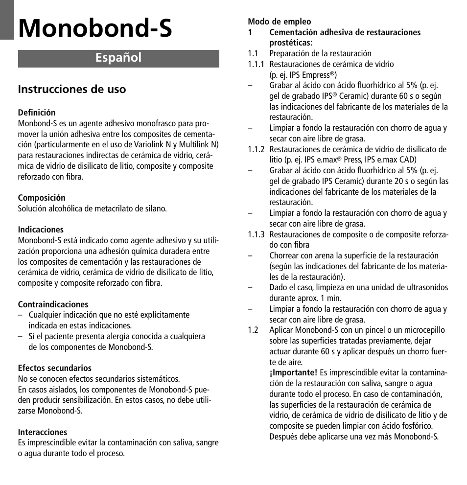 Español, Monobond-s, Instrucciones de uso | Ivoclar Vivadent Monobond-S User Manual | Page 5 / 13