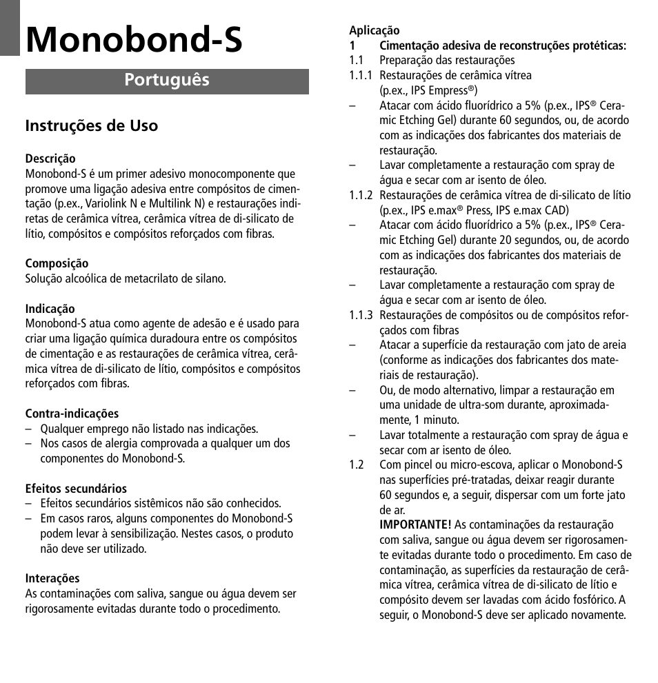 Português, Monobond-s, Instruções de uso | Ivoclar Vivadent Monobond-S User Manual | Page 7 / 13