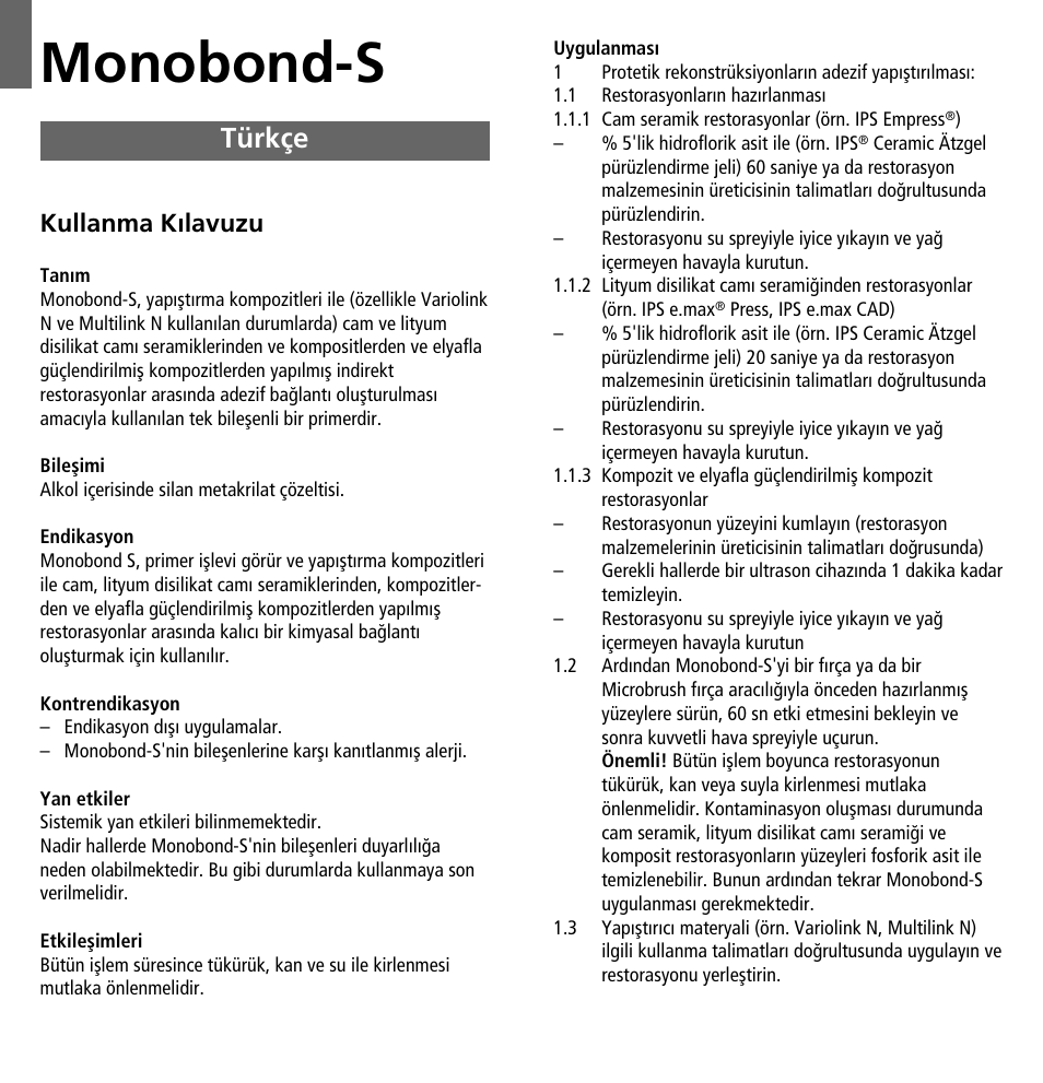 Türkçe, Monobond-s, Kullanma kılavuzu | Ivoclar Vivadent Monobond-S User Manual | Page 9 / 13