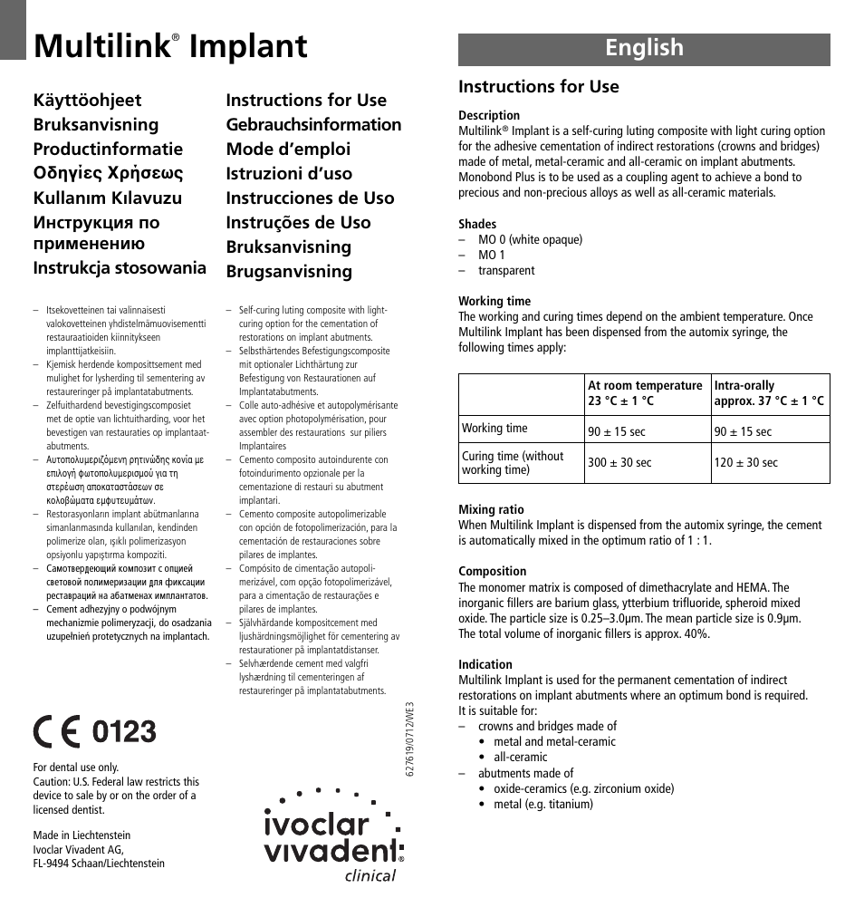 Ivoclar Vivadent Multilink Implant User Manual | 40 pages