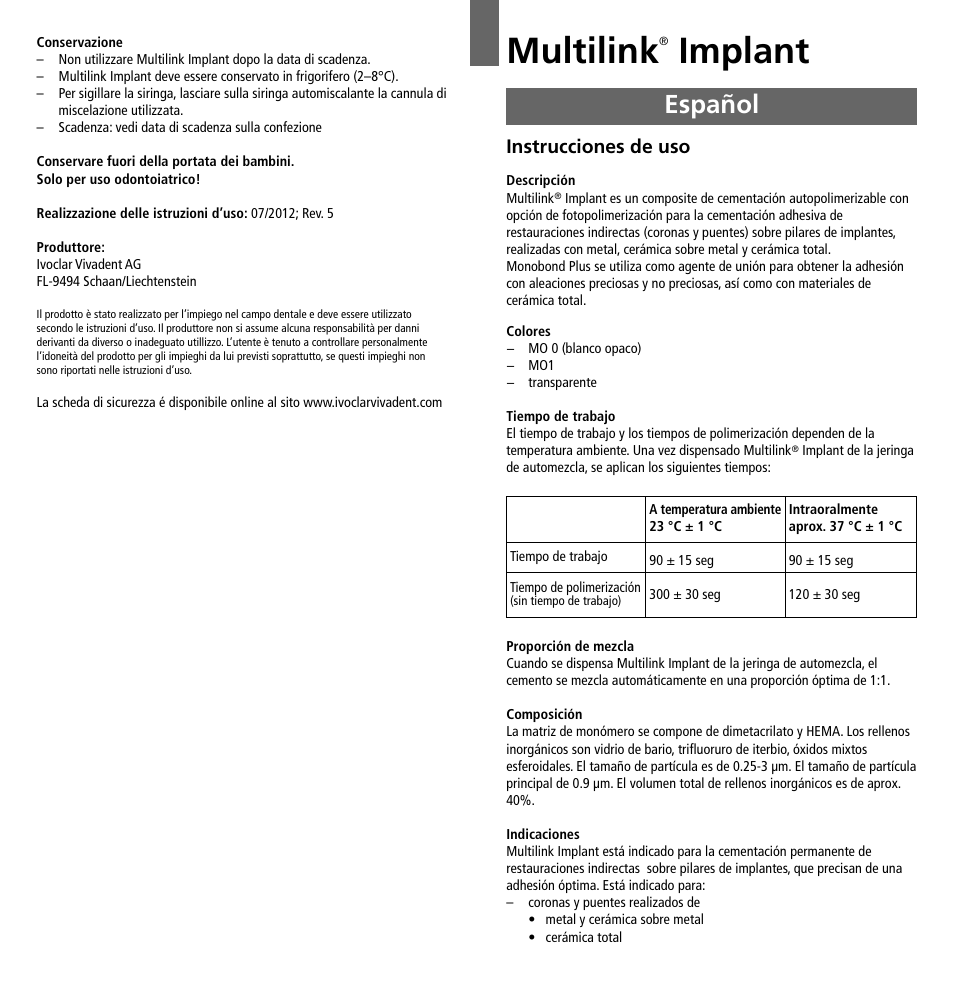 Español, Multilink, Implant | Instrucciones de uso | Ivoclar Vivadent Multilink Implant User Manual | Page 11 / 40