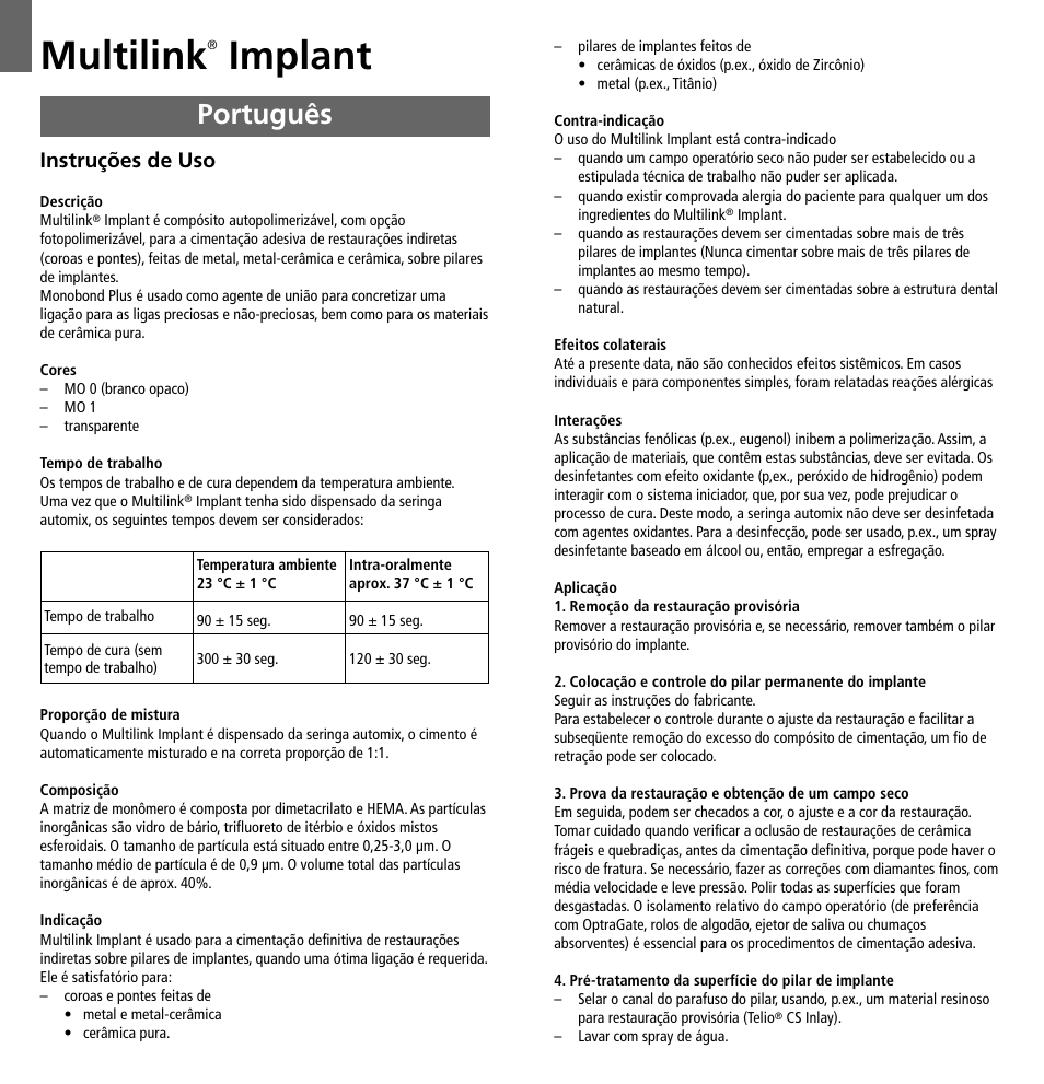 Português, Multilink, Implant | Instruções de uso | Ivoclar Vivadent Multilink Implant User Manual | Page 14 / 40